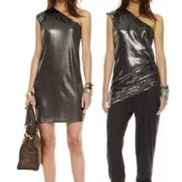 Michael Kors Party Metallic Sequin Derby Grey One Shoulder Tunic Dress Top 14W - Picture 1 of 6